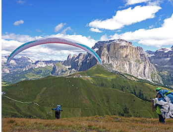 Paragliding Dolomites. Col Rodella takeoff, Italy