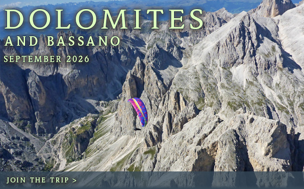 Paragliding above Dolomites, Italian Alps